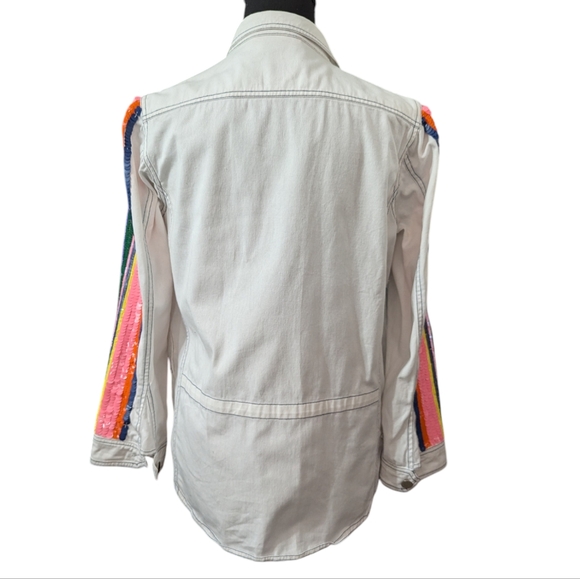 Vilagallo White Denim Jacket Sequin Rainbow Stripe Sleeves - Picture 3 of 12